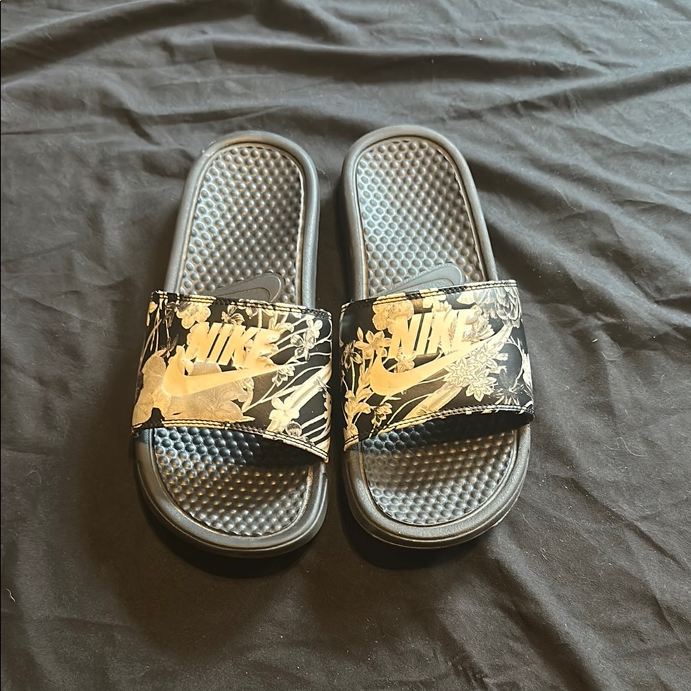 Nike Black and White Floral Slides